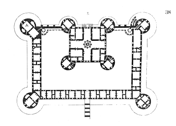 Historic floor plan of Château de Chambord showing the Greek cross keep layout